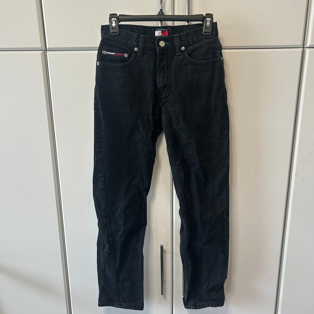 Tommy Hilfiger Vintage High Waisted Black‎ Denim Jeans Straight Leg Flag Logo